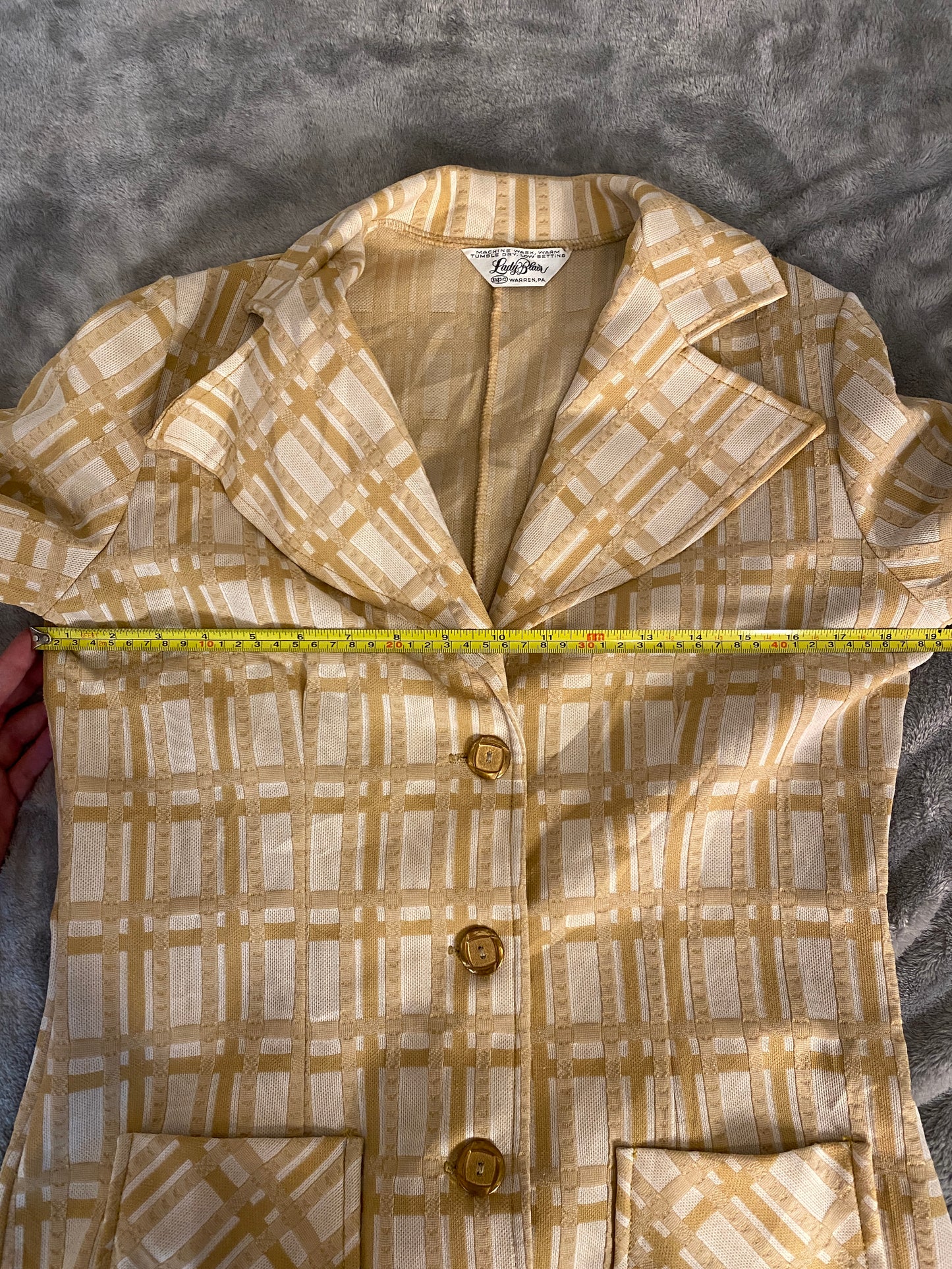 Lady Blair Cream Orange Button Up Plaid Long Sleeve Blazer