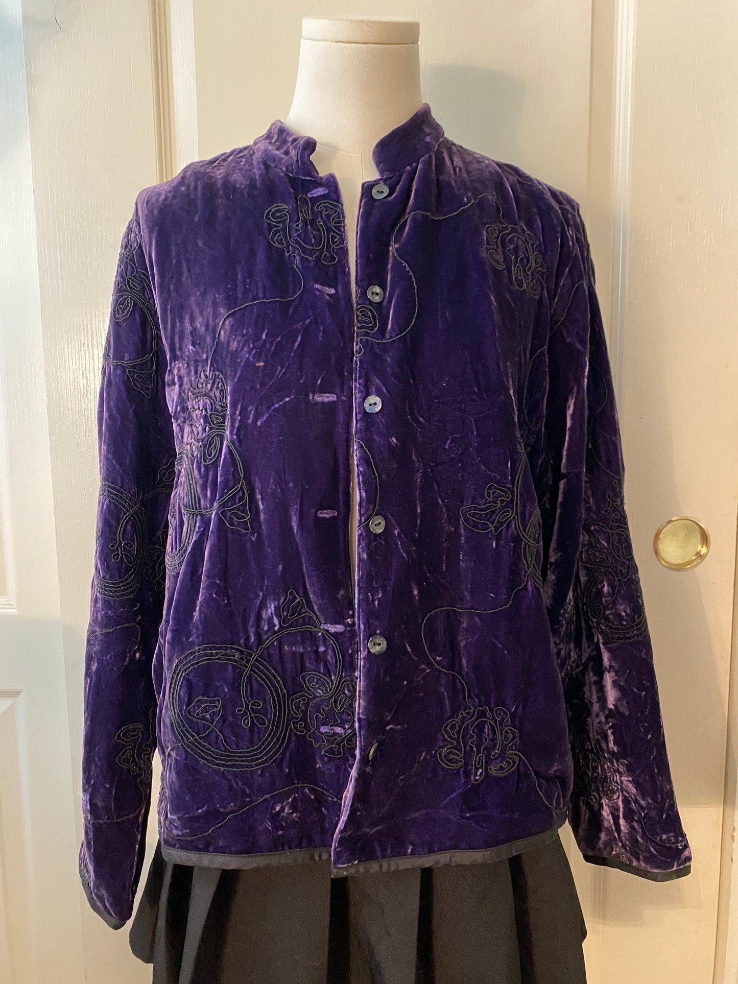 Chico's Purple and Black Embroidered Whimsigoth Long Sleeve Button Up Jacket