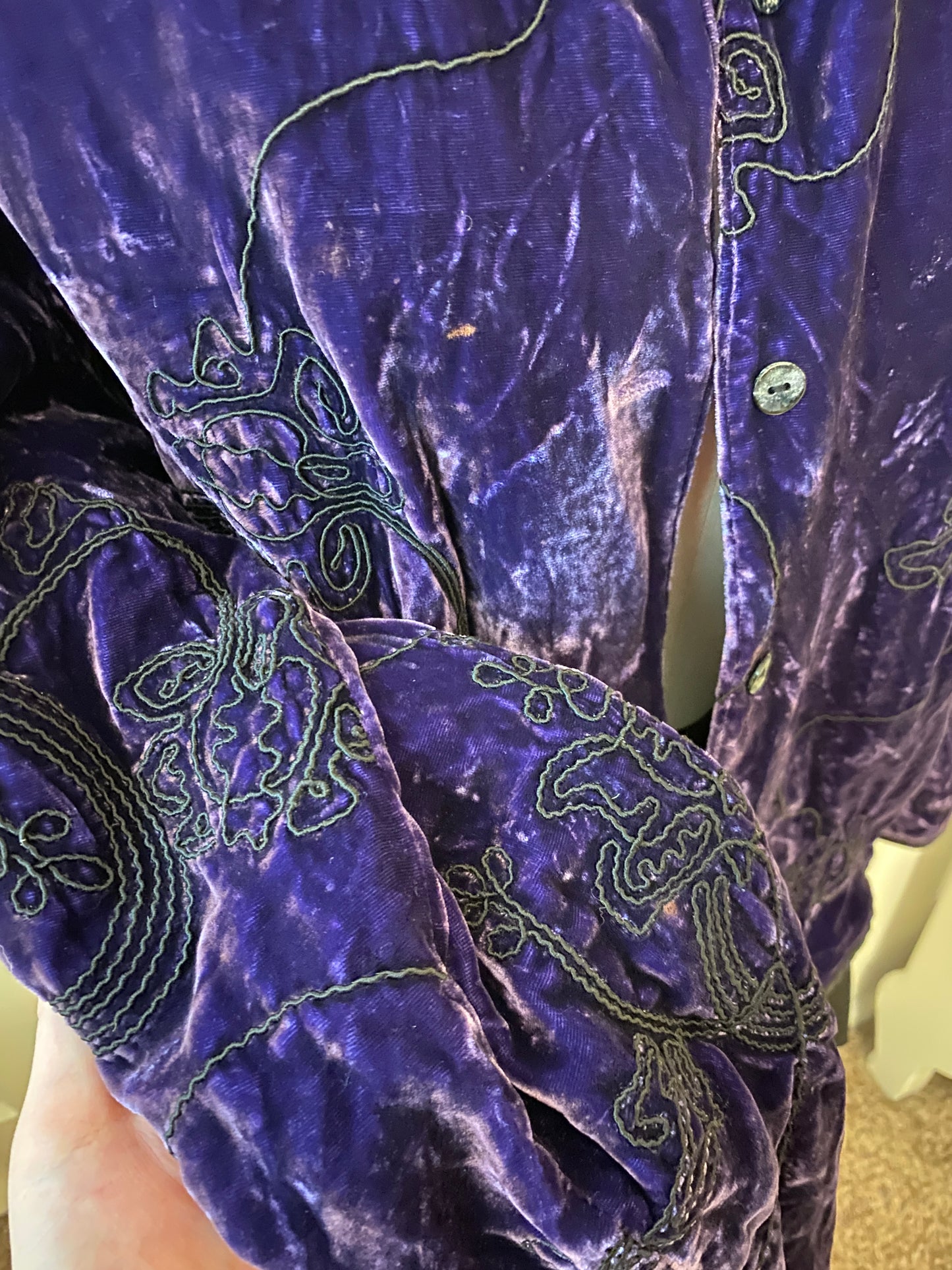 Chico's Purple and Black Embroidered Whimsigoth Long Sleeve Button Up Jacket