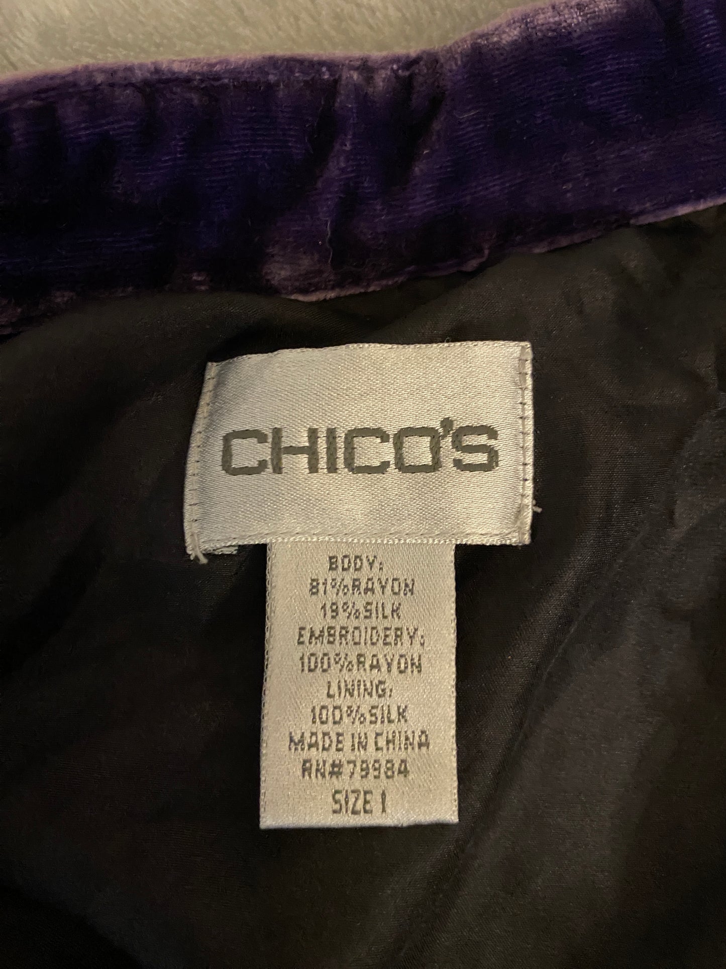 Chico's Purple and Black Embroidered Whimsigoth Long Sleeve Button Up Jacket
