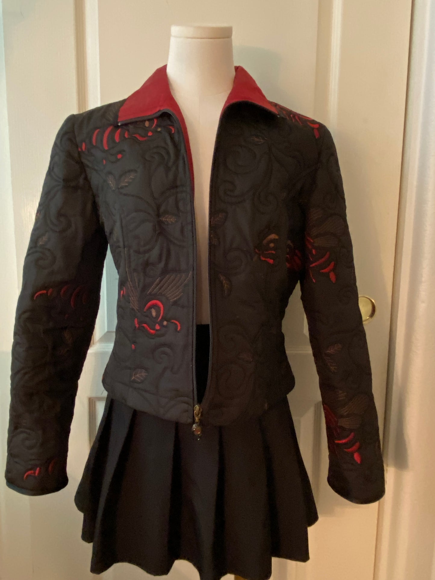 Joseph Ribkoff Quilted Black and Red Zip Up Long Sleeve Vampire Jacket Coat
