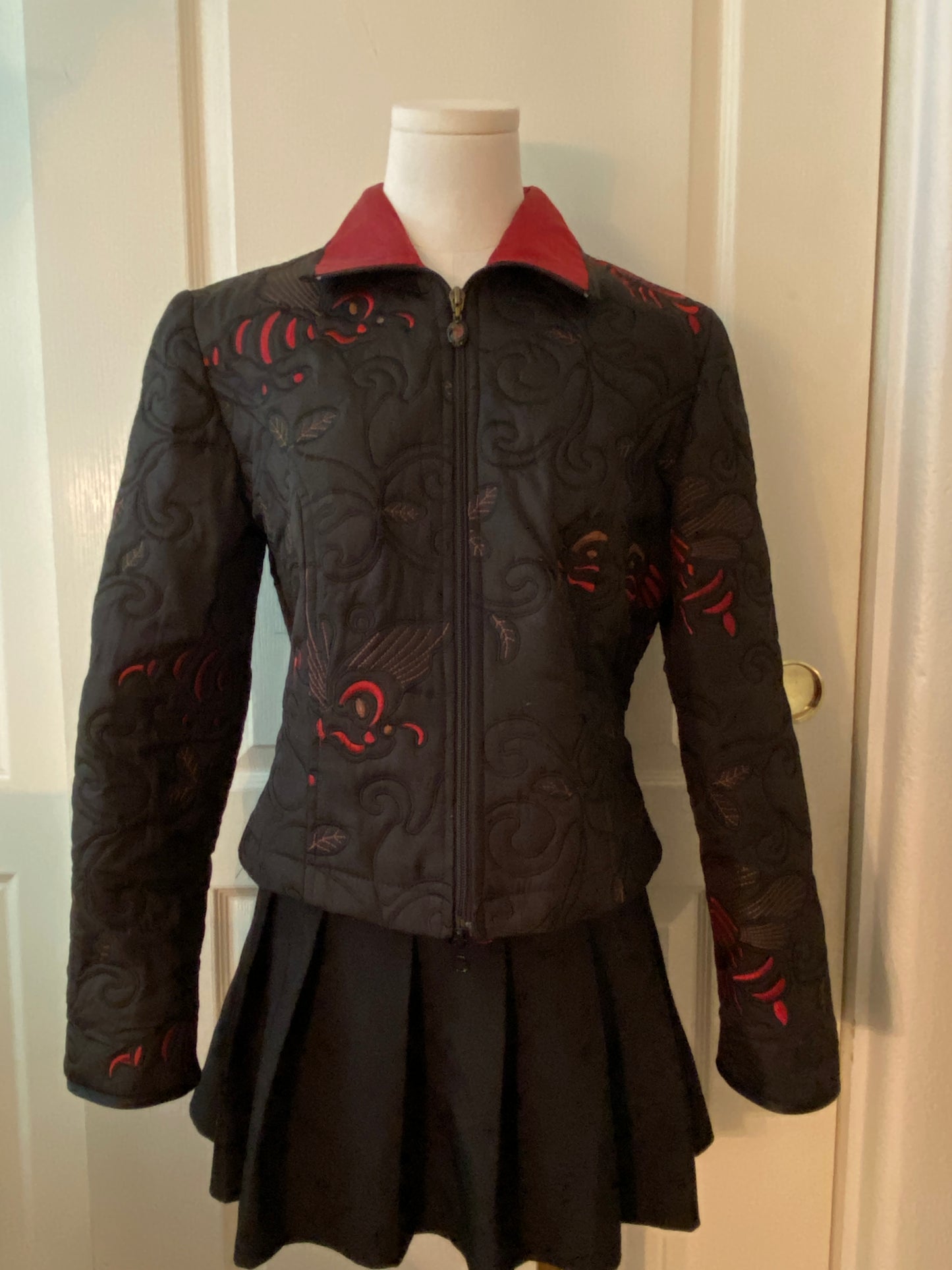 Joseph Ribkoff Quilted Black and Red Zip Up Long Sleeve Vampire Jacket Coat