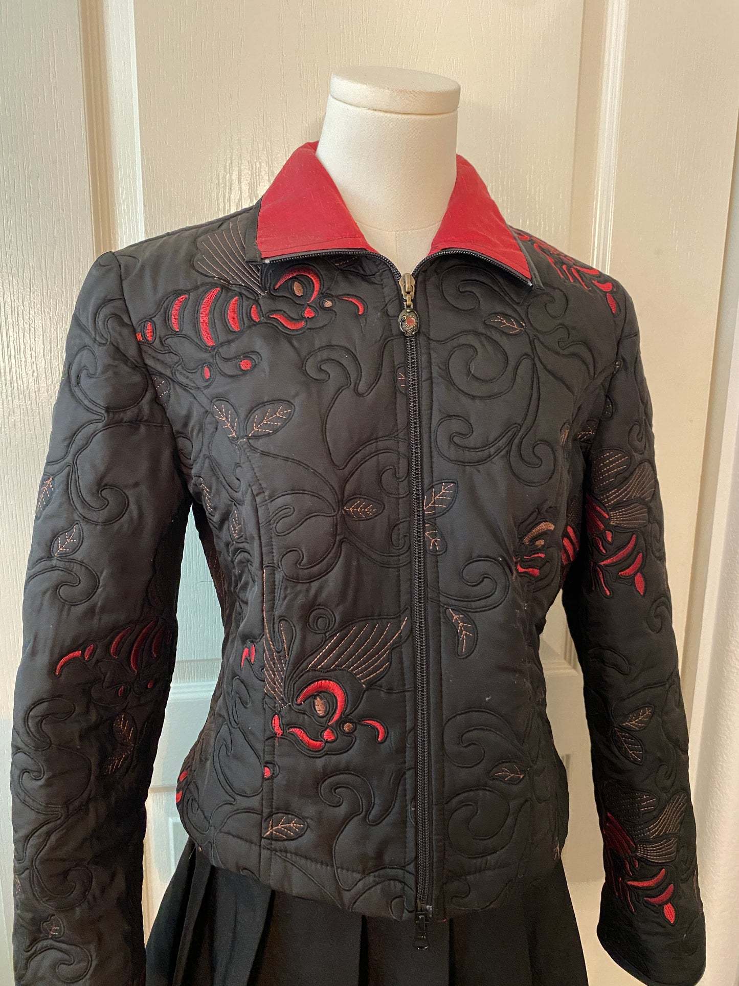 Joseph Ribkoff Quilted Black and Red Zip Up Long Sleeve Vampire Jacket Coat