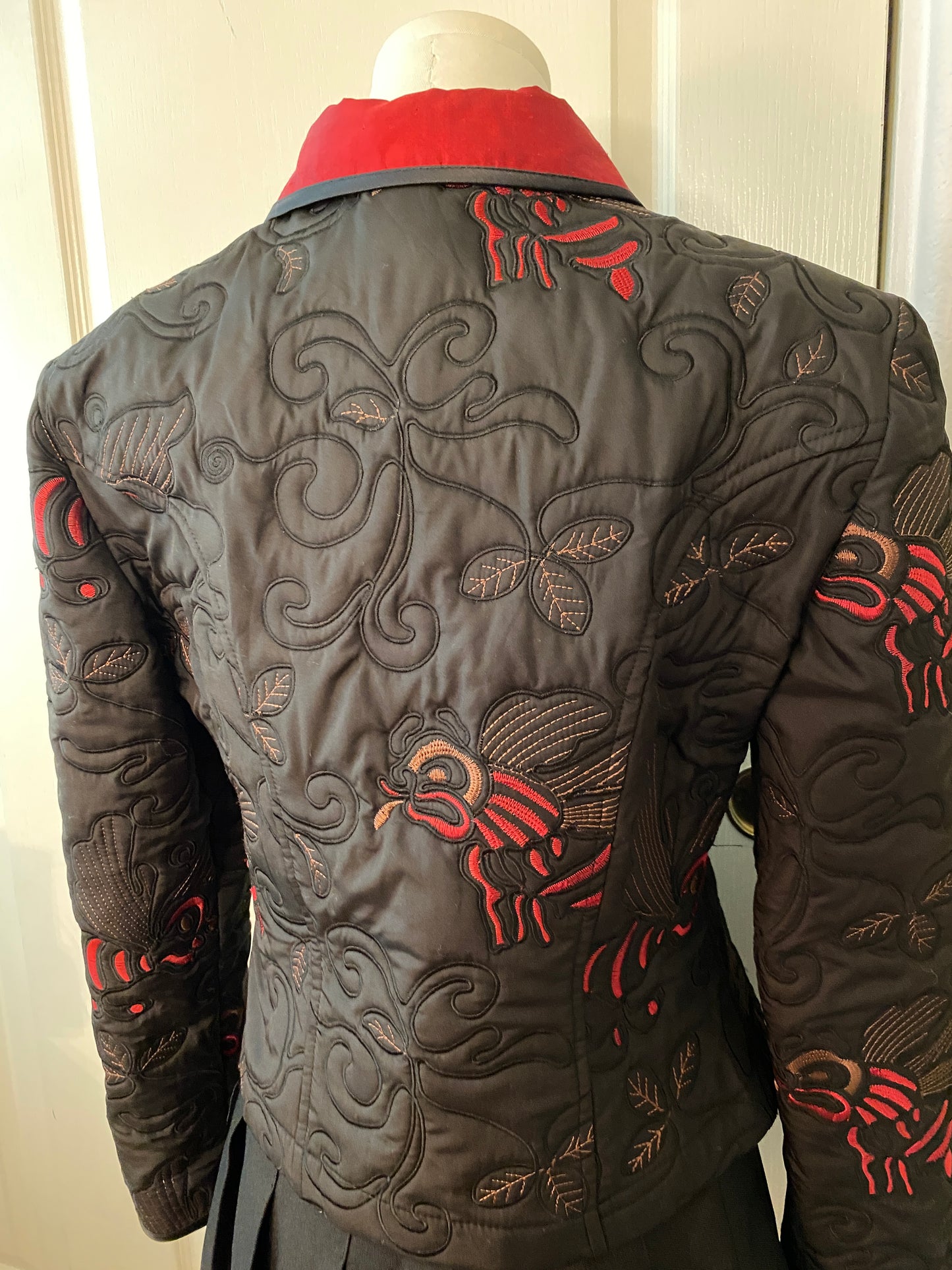 Joseph Ribkoff Quilted Black and Red Zip Up Long Sleeve Vampire Jacket Coat