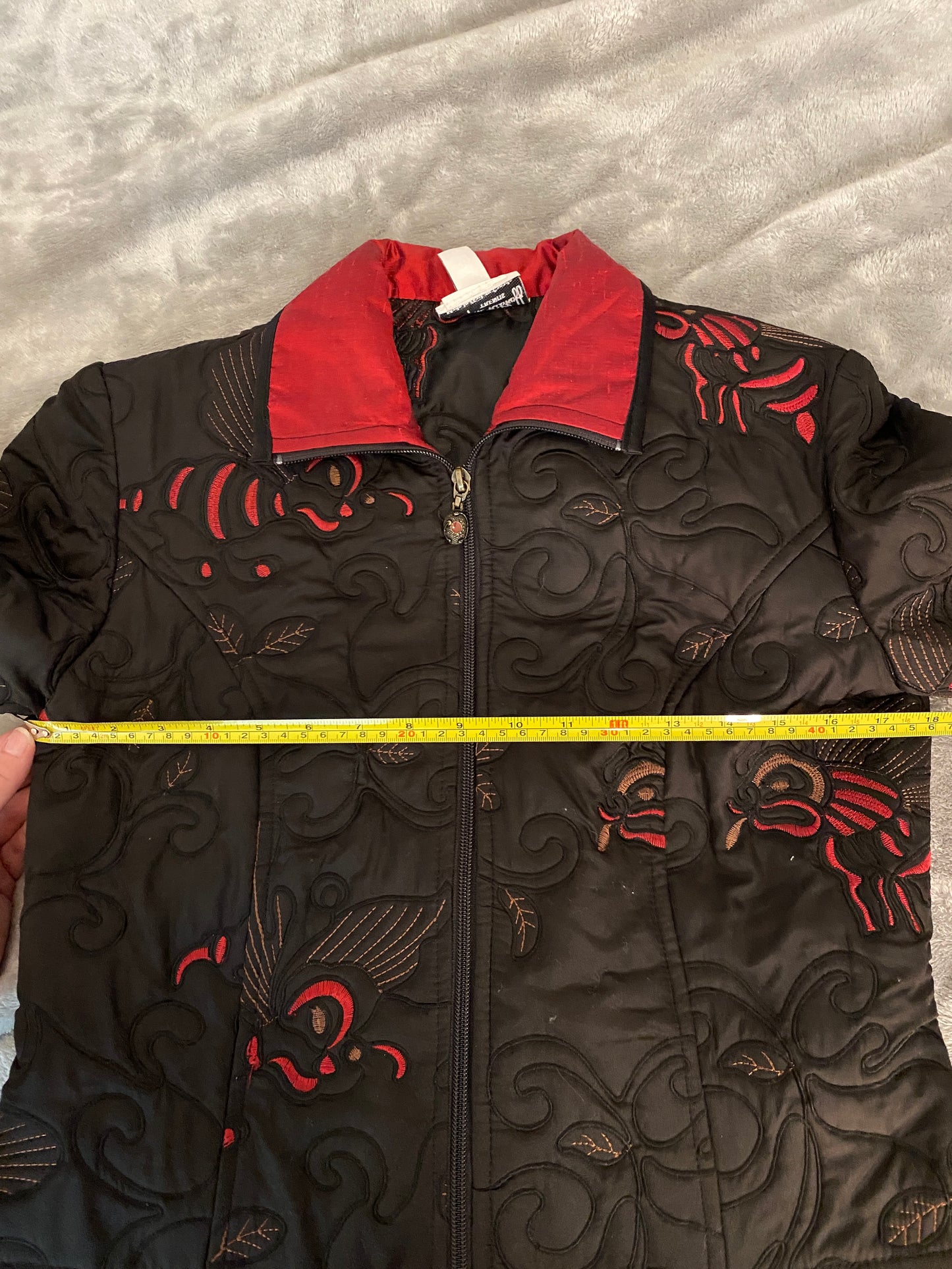 Joseph Ribkoff Quilted Black and Red Zip Up Long Sleeve Vampire Jacket Coat