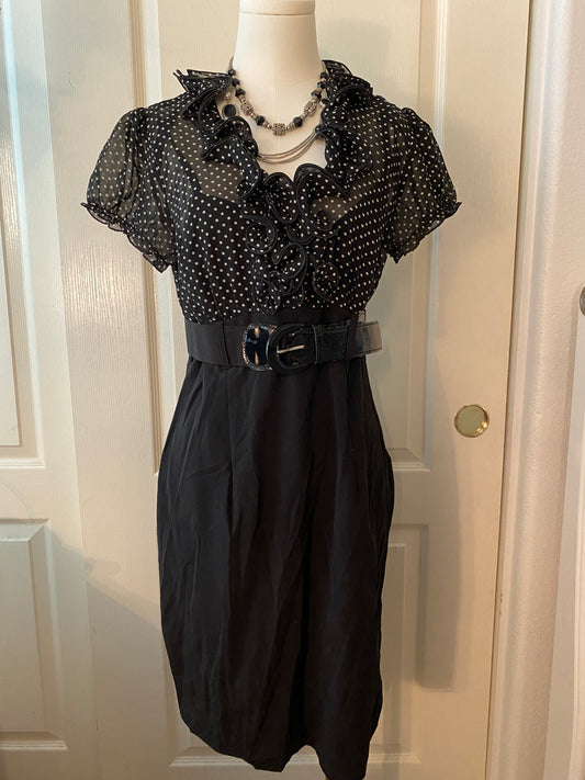 BCX French-Inspired Polka Dot Ruffle Belt Knee Length Midi Dress