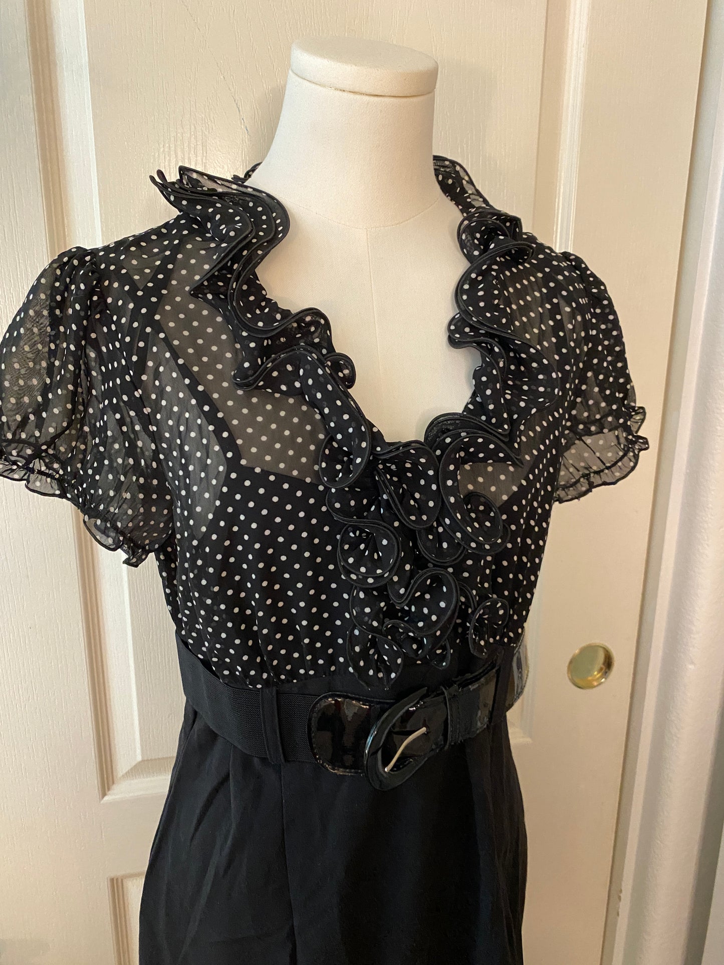 BCX French-Inspired Polka Dot Ruffle Belt Knee Length Midi Dress
