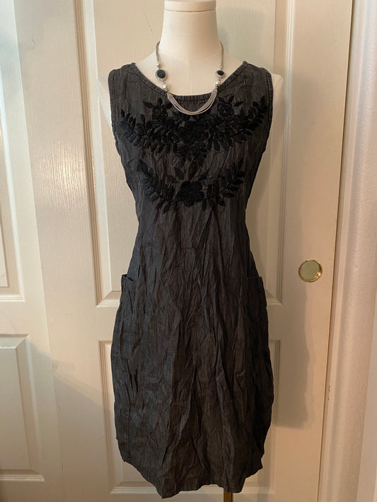 Abrazo Style Full Cotton Grey and Black Ethnic Embroidered Dress with Pockets
