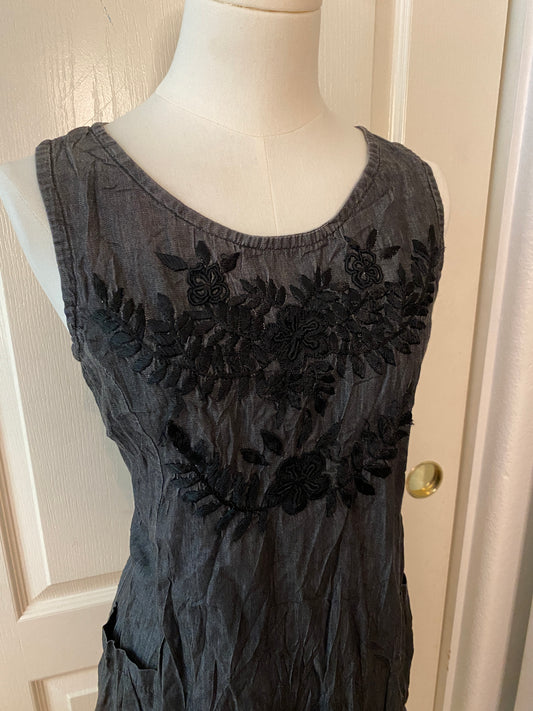 Abrazo Style Full Cotton Grey and Black Ethnic Embroidered Dress with Pockets