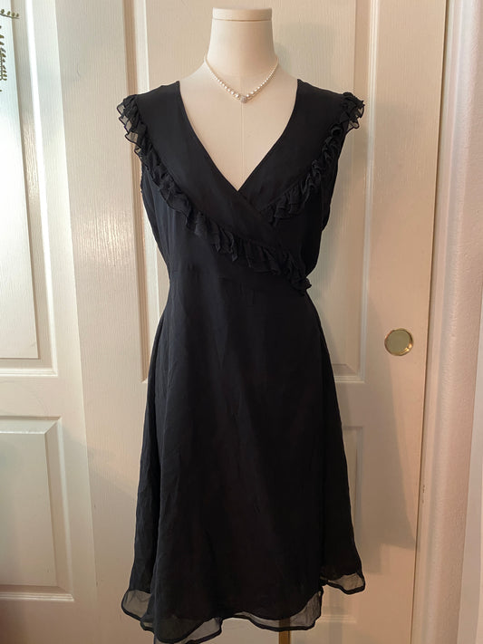 Jenny Han V Neck Ruffle Lace Black Sleeveless Wrap Dress