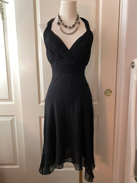 Forever 21 Black V Neck Slimming Wrap Backless Halter Summer Dress 100% Silk
