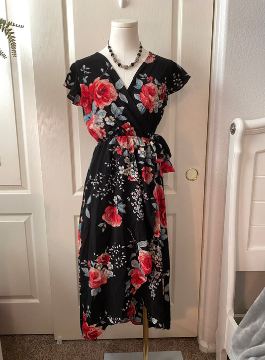 Floral Black and Pink Rose Wrap V Neck Maxi High Low Ruffle Summer Dress