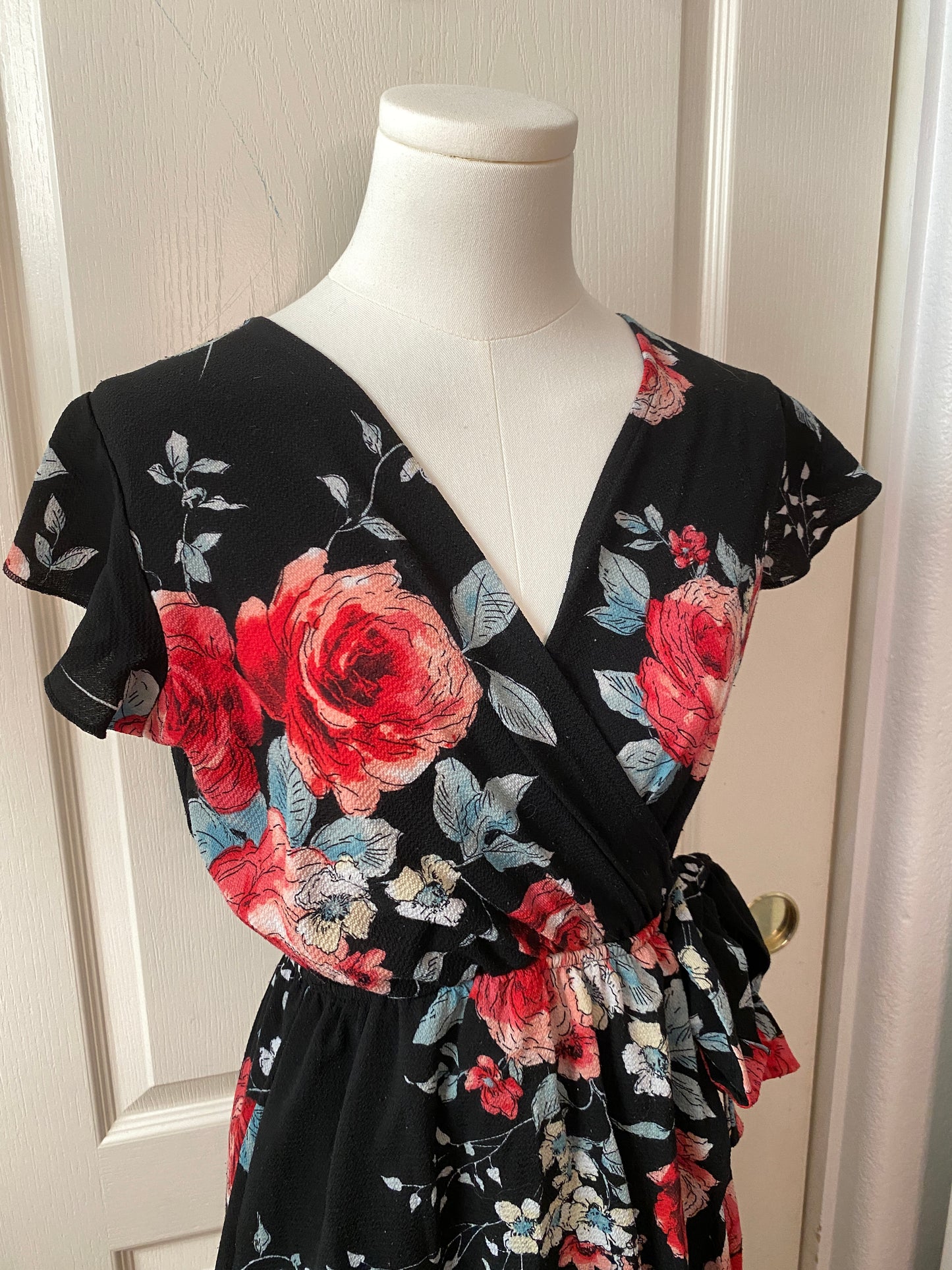 Floral Black and Pink Rose Wrap V Neck Maxi High Low Ruffle Summer Dress