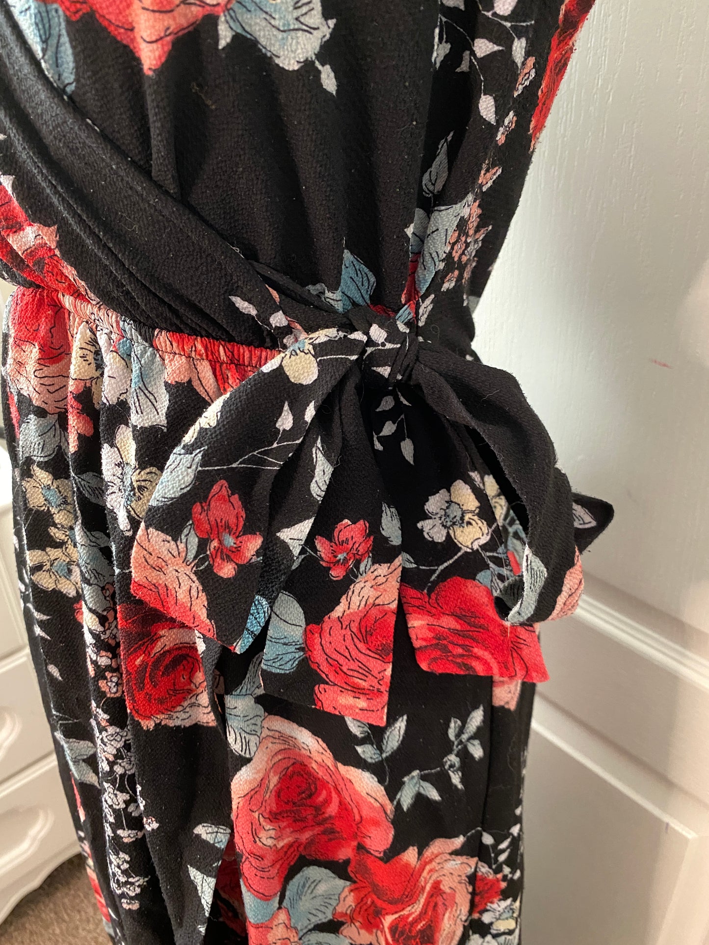 Floral Black and Pink Rose Wrap V Neck Maxi High Low Ruffle Summer Dress