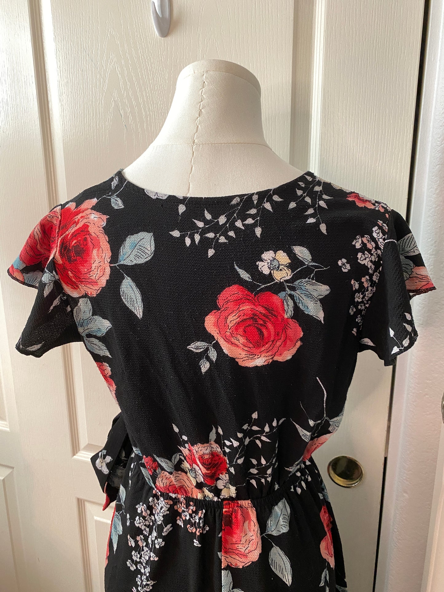 Floral Black and Pink Rose Wrap V Neck Maxi High Low Ruffle Summer Dress