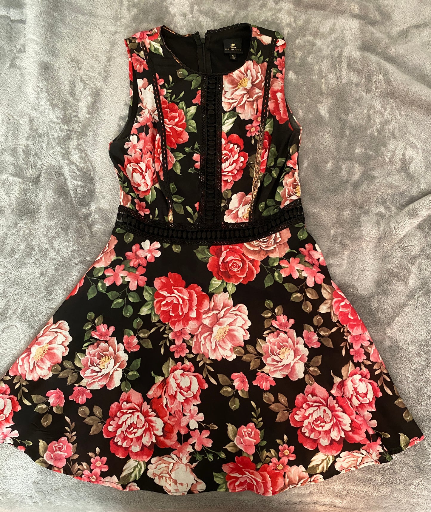 Disney Princess Floral Black and Pink Rose Sleeveless Mini Summer Dress