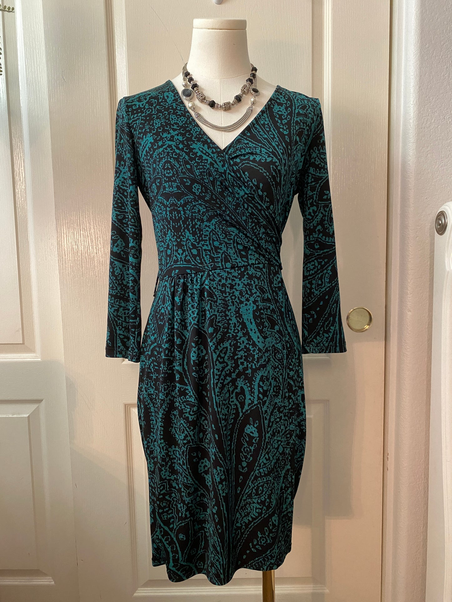 Ezra Teal and Black Pattern Long Sleeve V Neck Wrap Knee Length Dress
