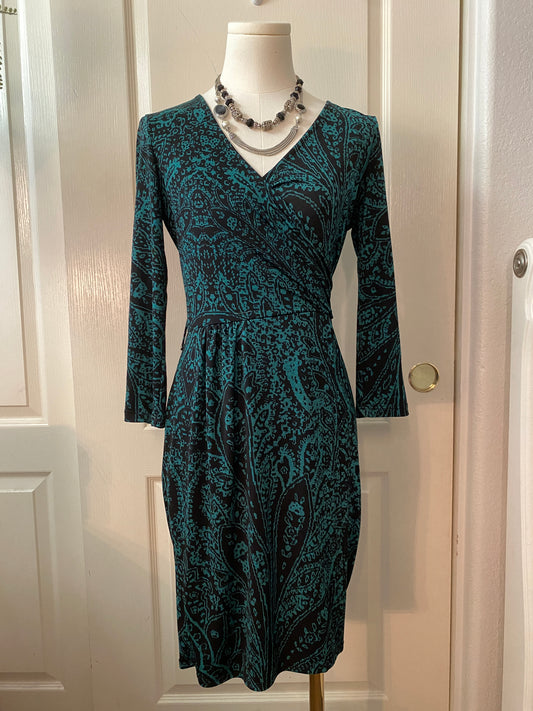 Ezra Teal and Black Pattern Long Sleeve V Neck Wrap Knee Length Dress