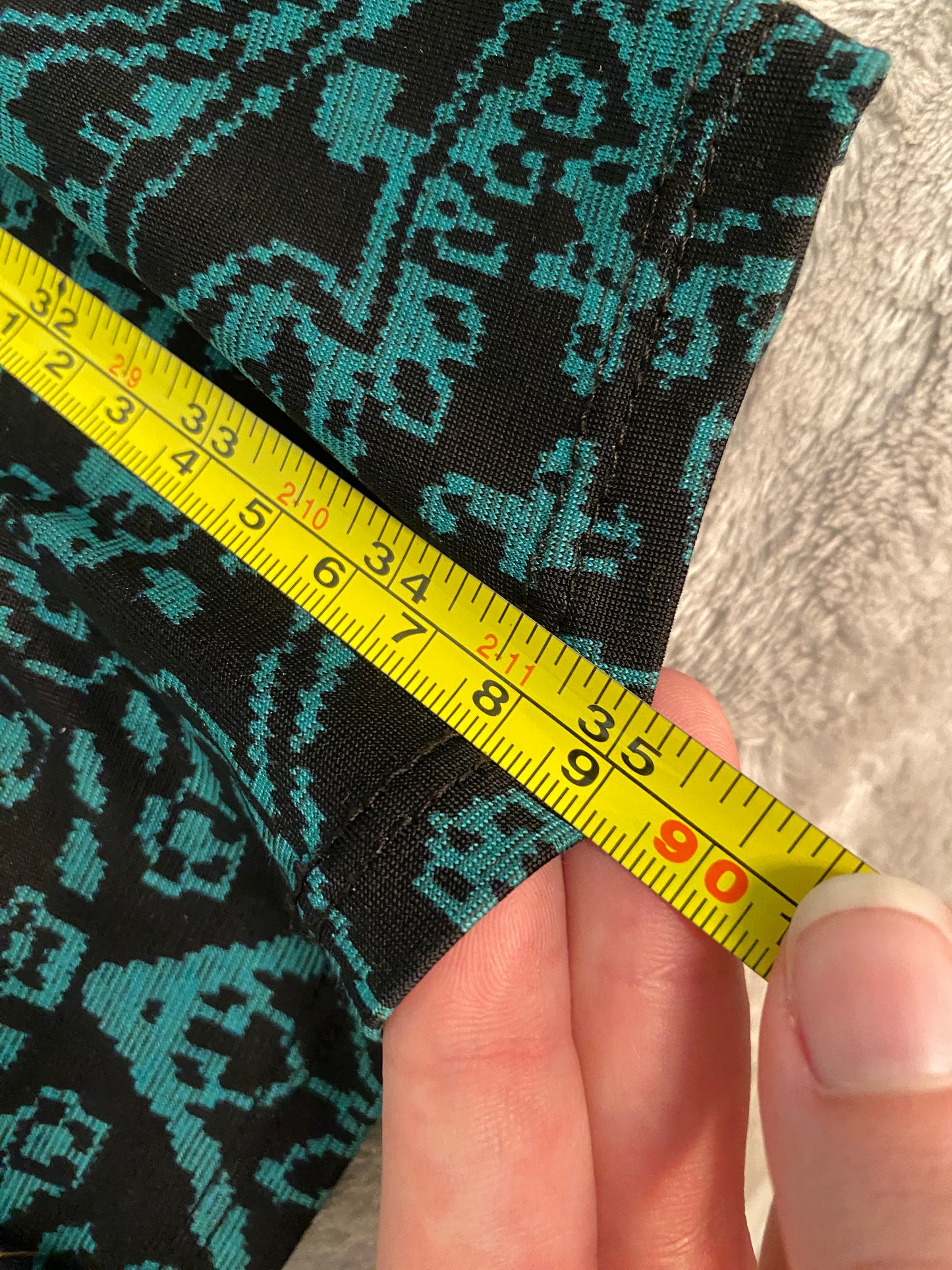 Ezra Teal and Black Pattern Long Sleeve V Neck Wrap Knee Length Dress