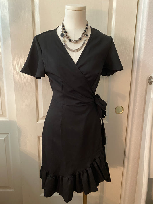 Black Short Sleeve Wrap Bow Ruffle Knee Length V Neck Feminine Dress