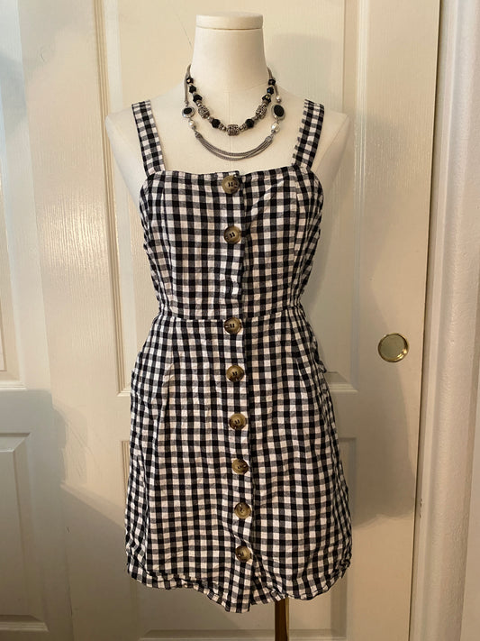 Hesperus Black and White Plaid Sleeveless Button Up Mini Dress Gingham