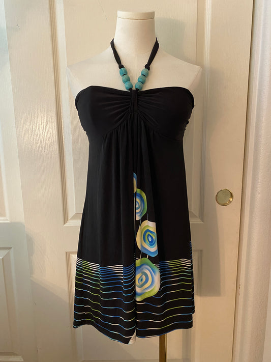 Poema Y2K Sleeveless Beaded Neck Wrap Black Blue Green Pattern Mini Dress
