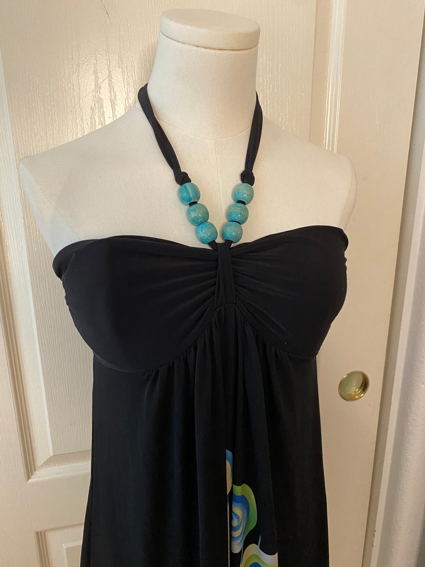 Poema Y2K Sleeveless Beaded Neck Wrap Black Blue Green Pattern Mini Dress