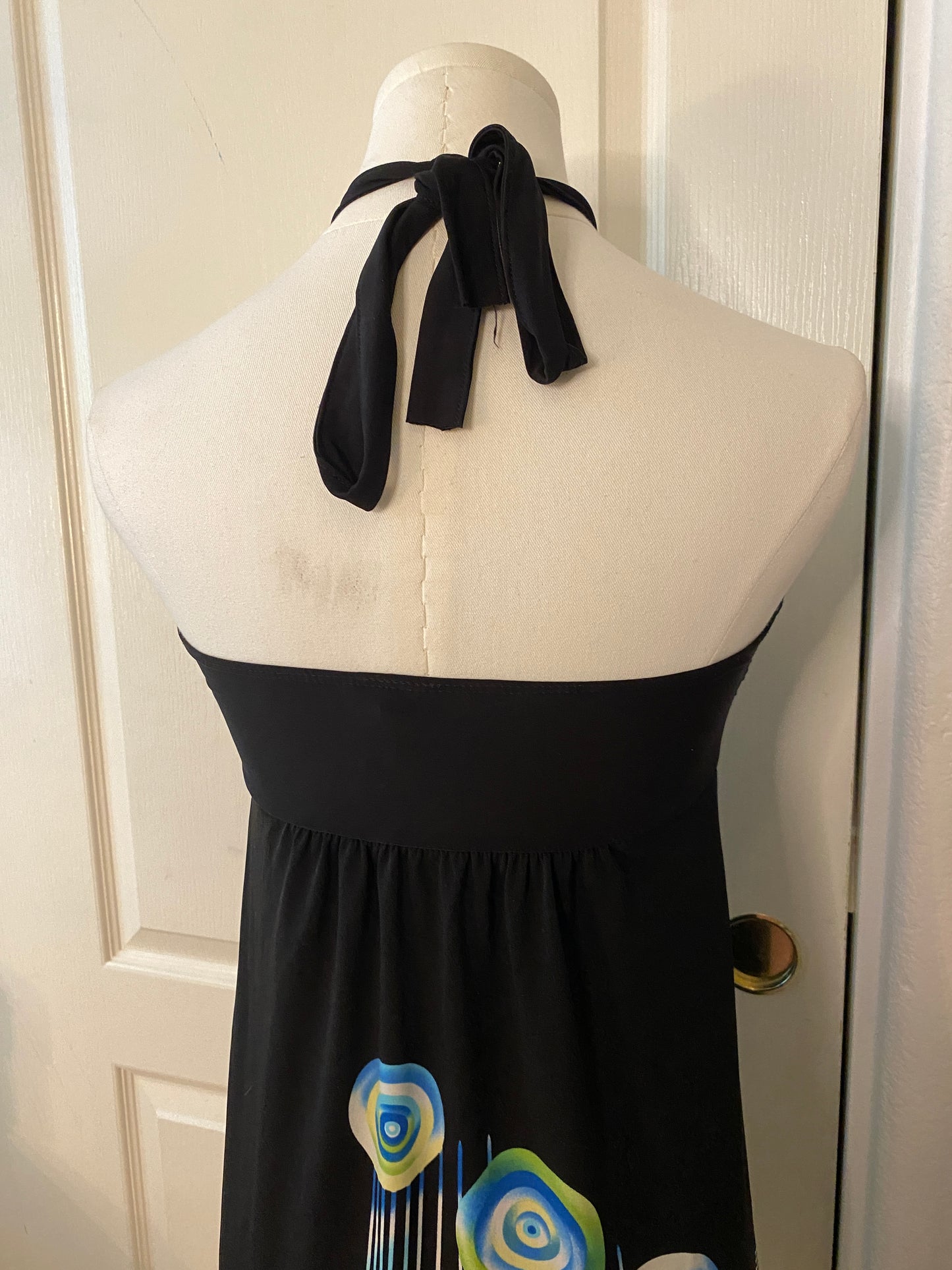 Poema Y2K Sleeveless Beaded Neck Wrap Black Blue Green Pattern Mini Dress