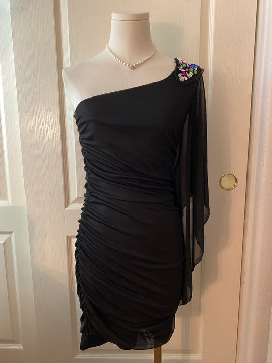 Emerald Sundae Asymmetrical Gemstone Ruffle Sleeve Form Fitting Prom Dress