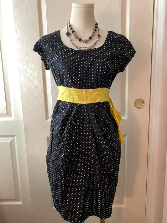 Jody California Black White Yellow Polka Dot Wrap Short Sleeve Summer Dress