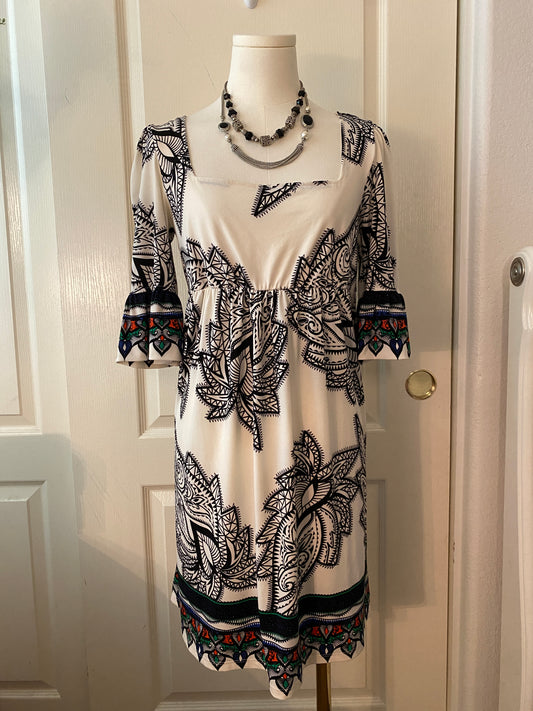 Eci New York White and Black Square Neck Ruffle Flare Sleeve Knee Length Dress