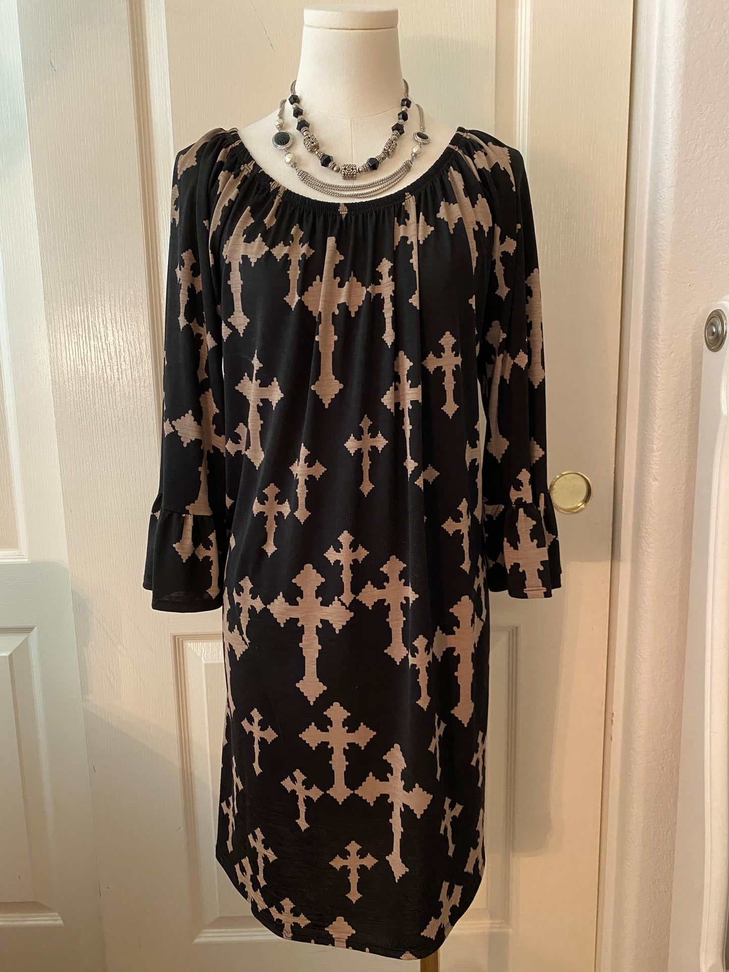Black and Brown Gothic Cross Long Ruffle Sleeve Feminine Knee Length Midi Dress