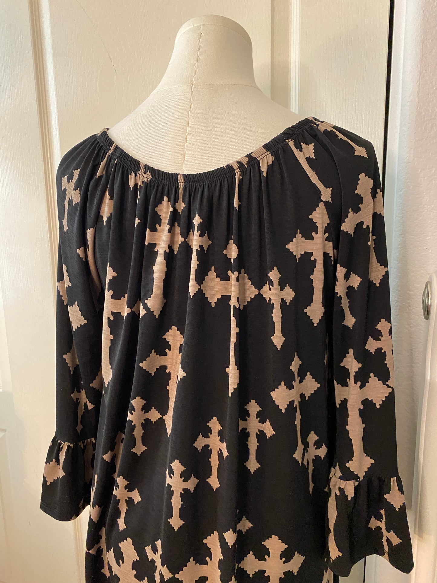 Black and Brown Gothic Cross Long Ruffle Sleeve Feminine Knee Length Midi Dress