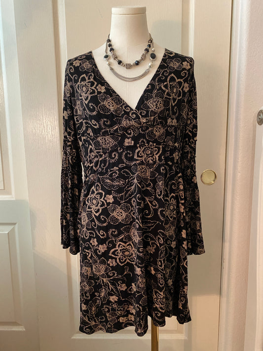 Sharise Neil Black Brown Floral V Neck Wrap Long Flare Sleeve Knee Length Dress