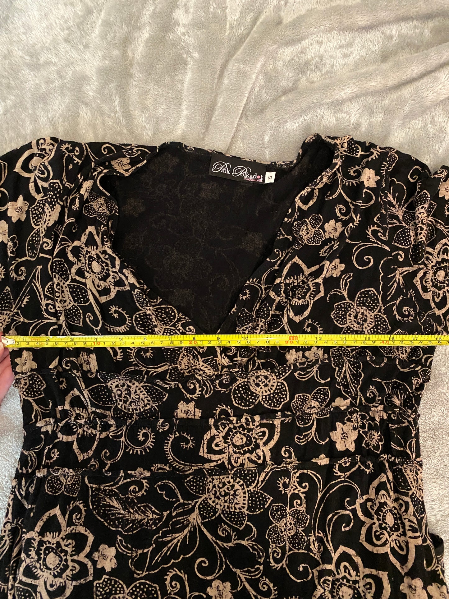 Sharise Neil Black Brown Floral V Neck Wrap Long Flare Sleeve Knee Length Dress