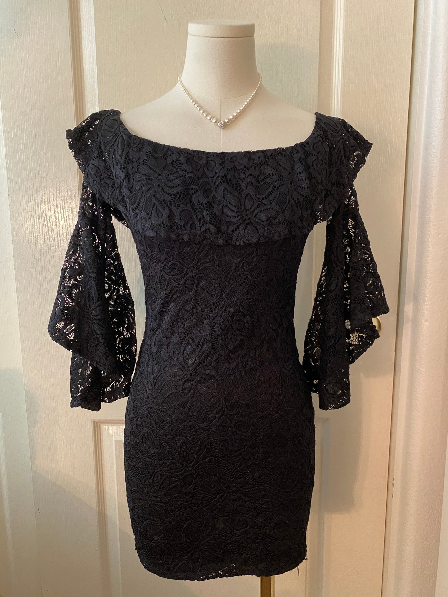 Ambiance Black Lace Formal Elegant Bell Sleeve Form Fit Ruffle Collar Mini Dress