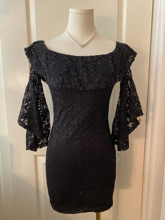 Ambiance Black Lace Formal Elegant Bell Sleeve Form Fit Ruffle Collar Mini Dress