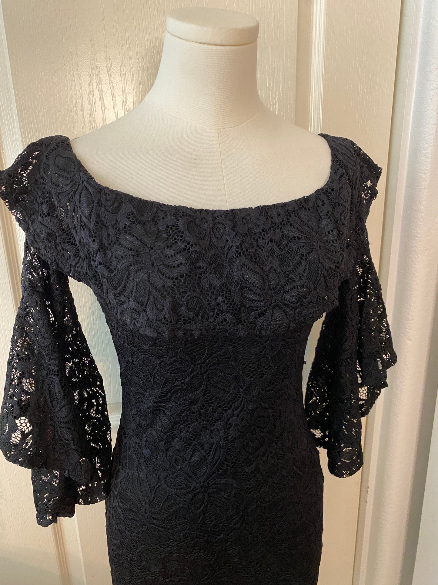 Ambiance Black Lace Formal Elegant Bell Sleeve Form Fit Ruffle Collar Mini Dress