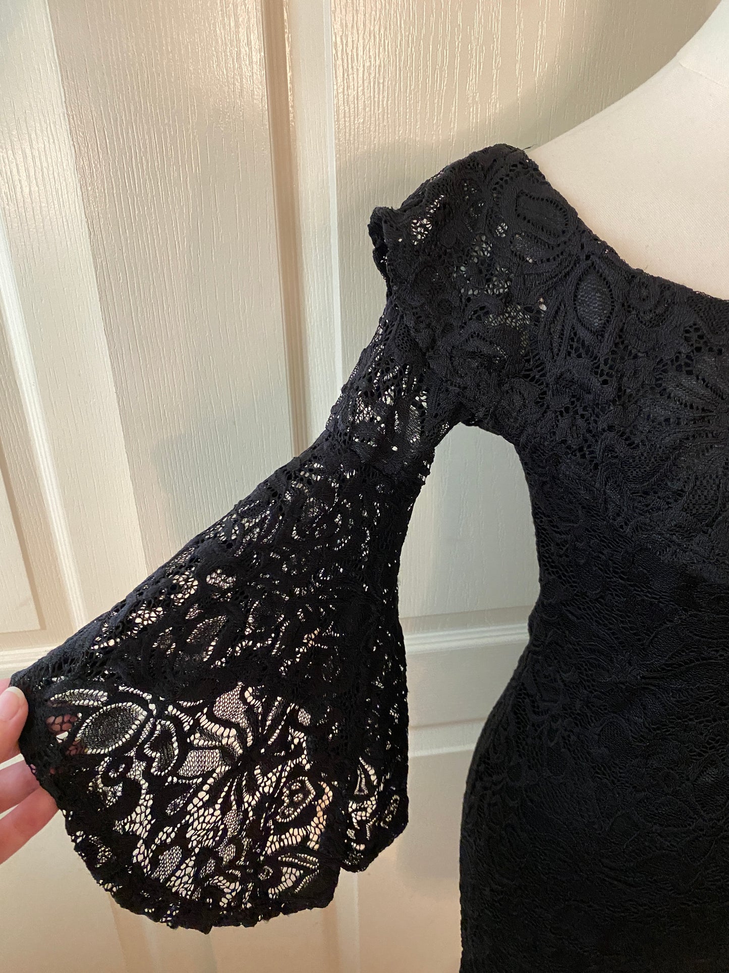 Ambiance Black Lace Formal Elegant Bell Sleeve Form Fit Ruffle Collar Mini Dress