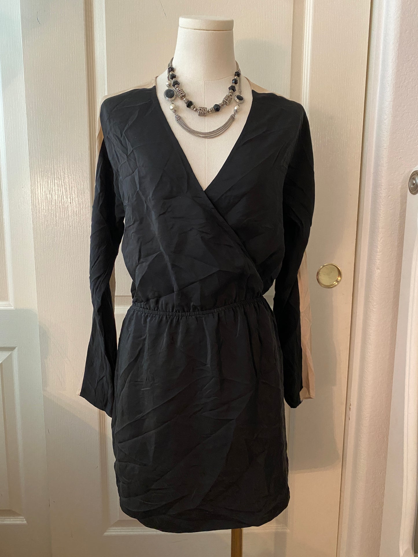 Parker Black Tan Beige V Neck Wrap Long Sleeve Knee Length Mini Feminine Dress