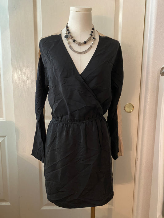 Parker Black Tan Beige V Neck Wrap Long Sleeve Knee Length Mini Feminine Dress