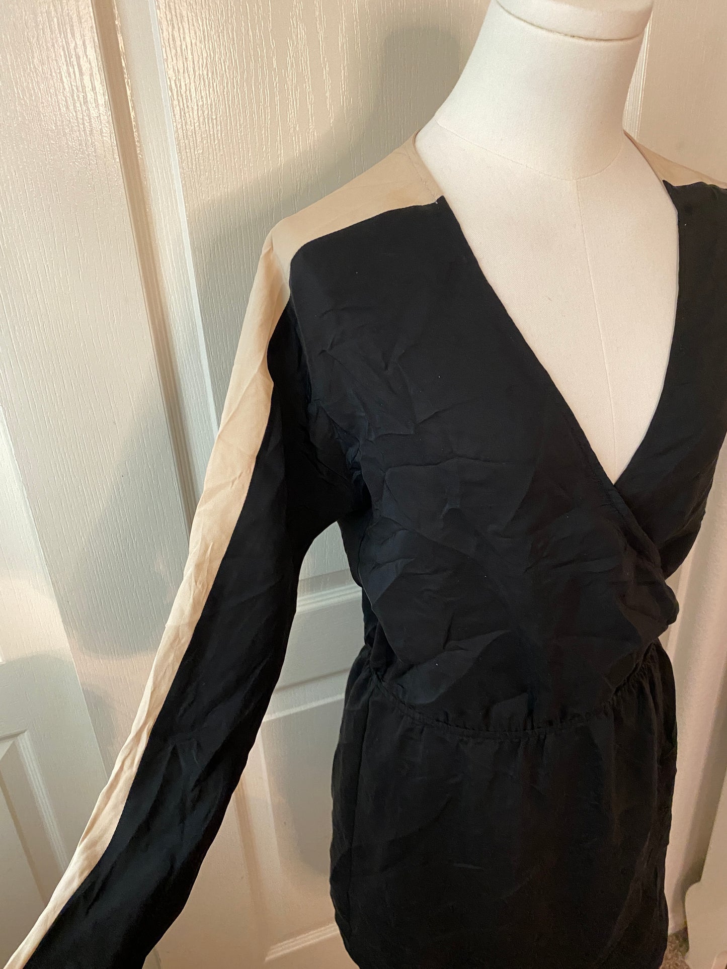 Parker Black Tan Beige V Neck Wrap Long Sleeve Knee Length Mini Feminine Dress