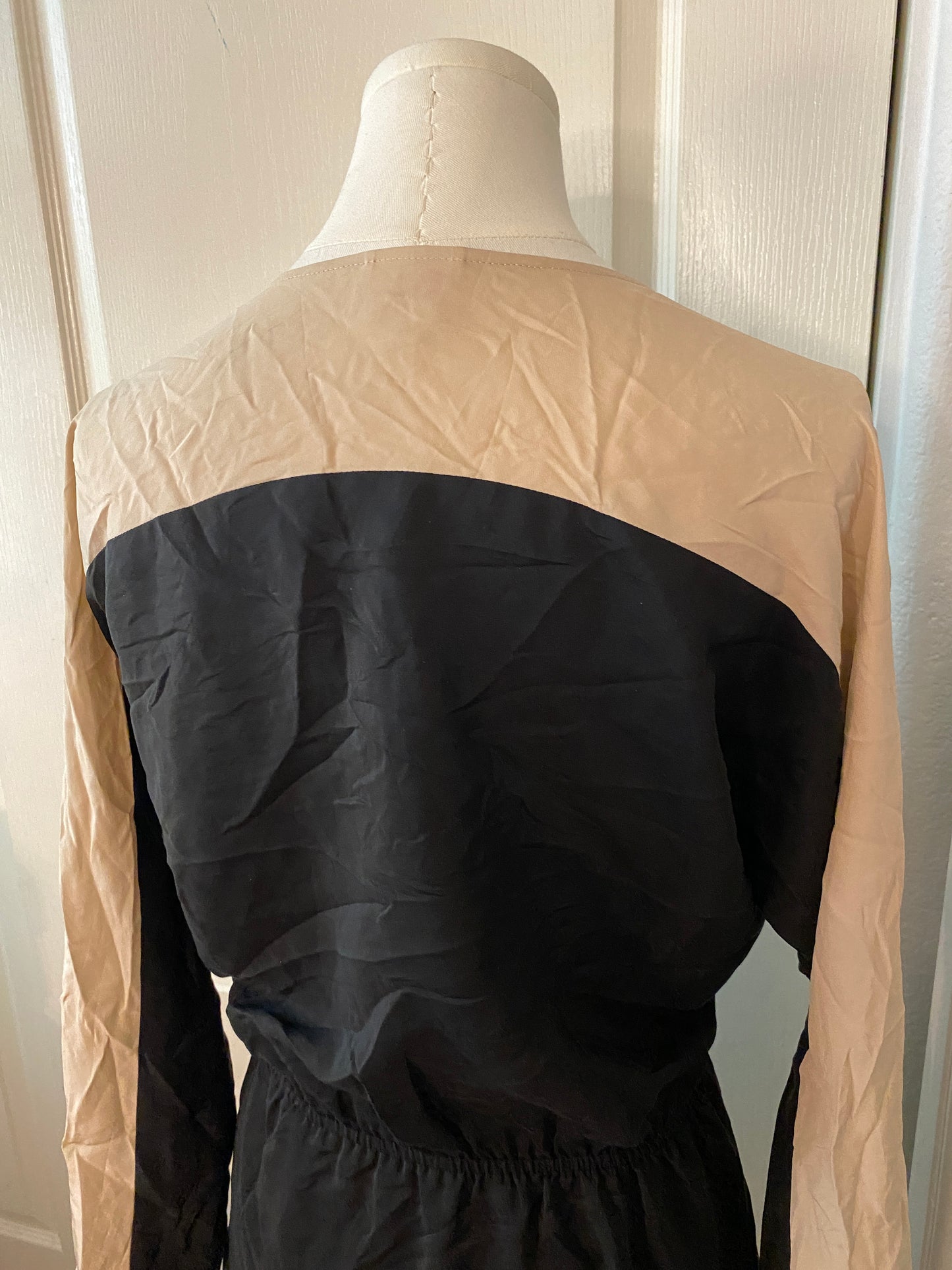 Parker Black Tan Beige V Neck Wrap Long Sleeve Knee Length Mini Feminine Dress