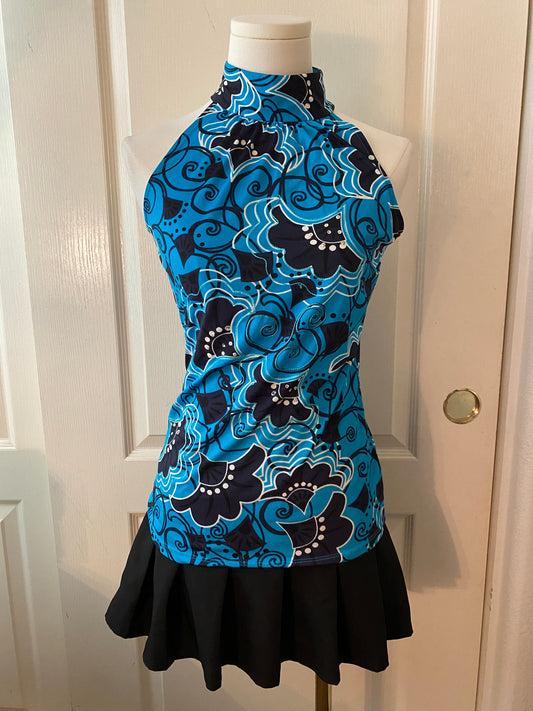 International Concepts Petite Y2k Blue Black Floral Sequin Sleeveless Halter Top