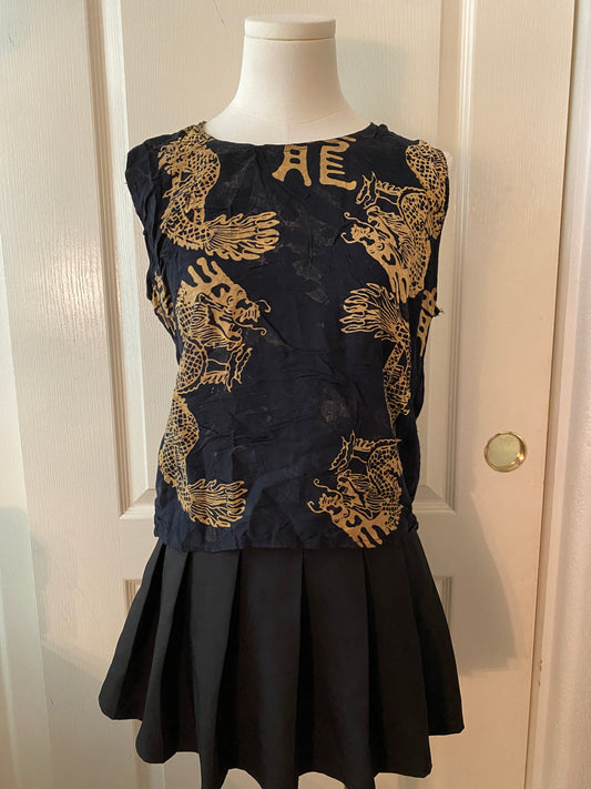 Andy's Collection Y2K Black Gold Sleeveless Tank Top Oriental Pattern Dragon