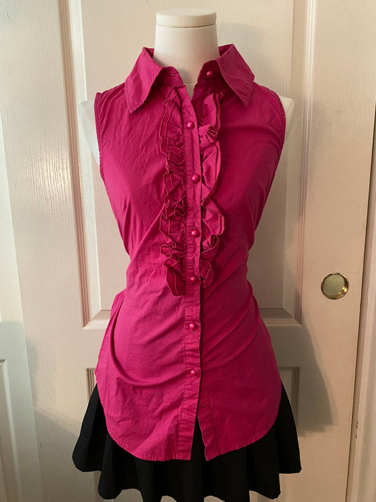 Rhapsody Vintage Pink Y2k Ruffle Sleeveless Button Up Tie Collared Blouse Top