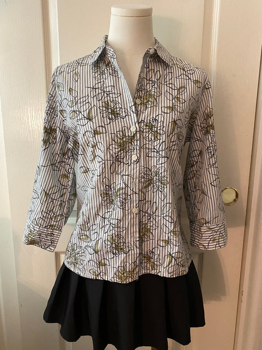Studio Works Petite Button Up Floral Striped Long Sleeve Collared Feminine Top