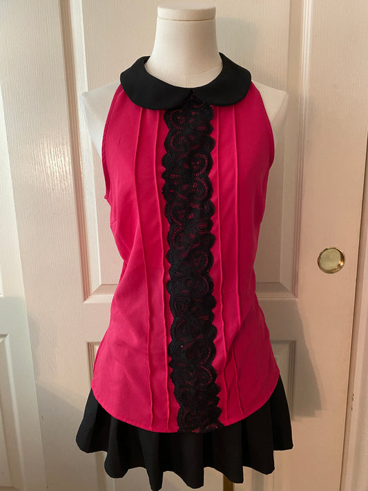 IZ Byer Hot Pink Black Lace Ruffle Sleeveless Feminine Collared Halter Top