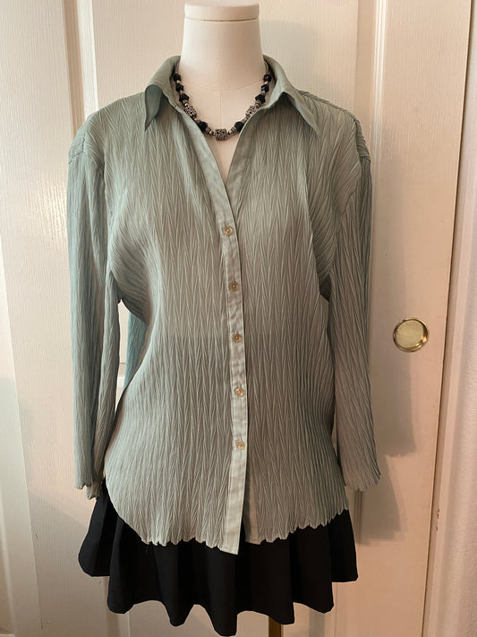 Nicola Green Safe Button Up Collared Long Sleeve Feminine Ruffle Blouse Top