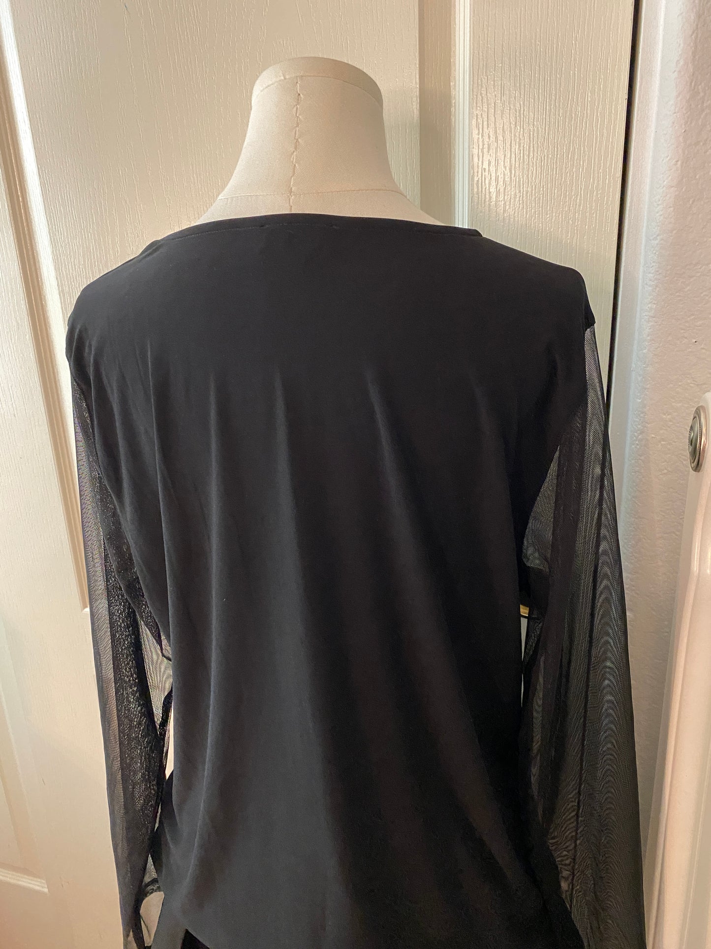 DKNY Black Contemporary Abstract Sheer Long Sleeve Black Flowy Top Tunic Blouse